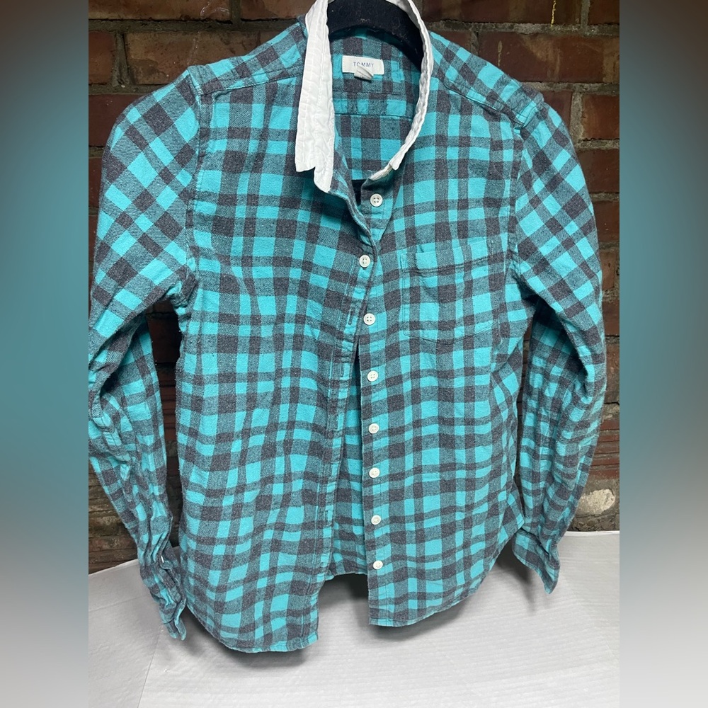 Tommy Hilfiger women's plaid button up size small teal blue‎ grey blouse